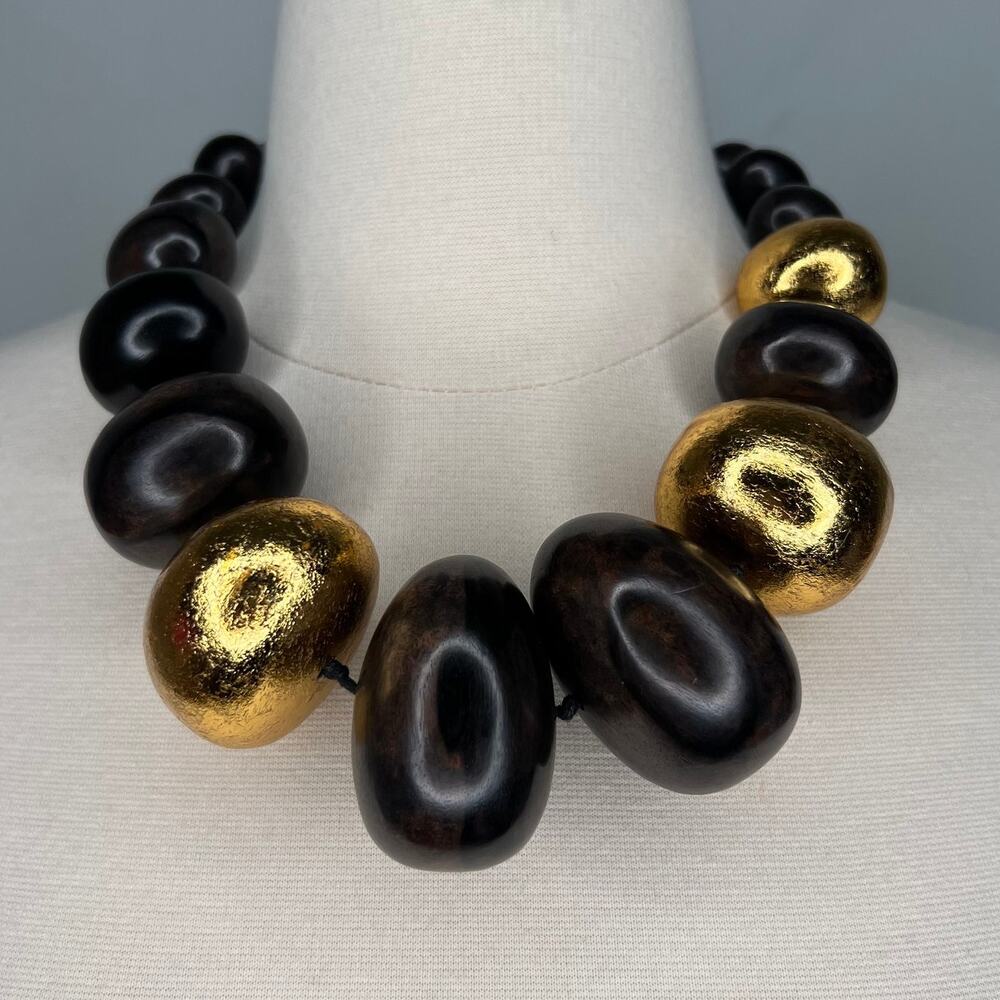 Viktoria Hayman Wooden Chunky Beaded Brown & Gold Toggle Necklace